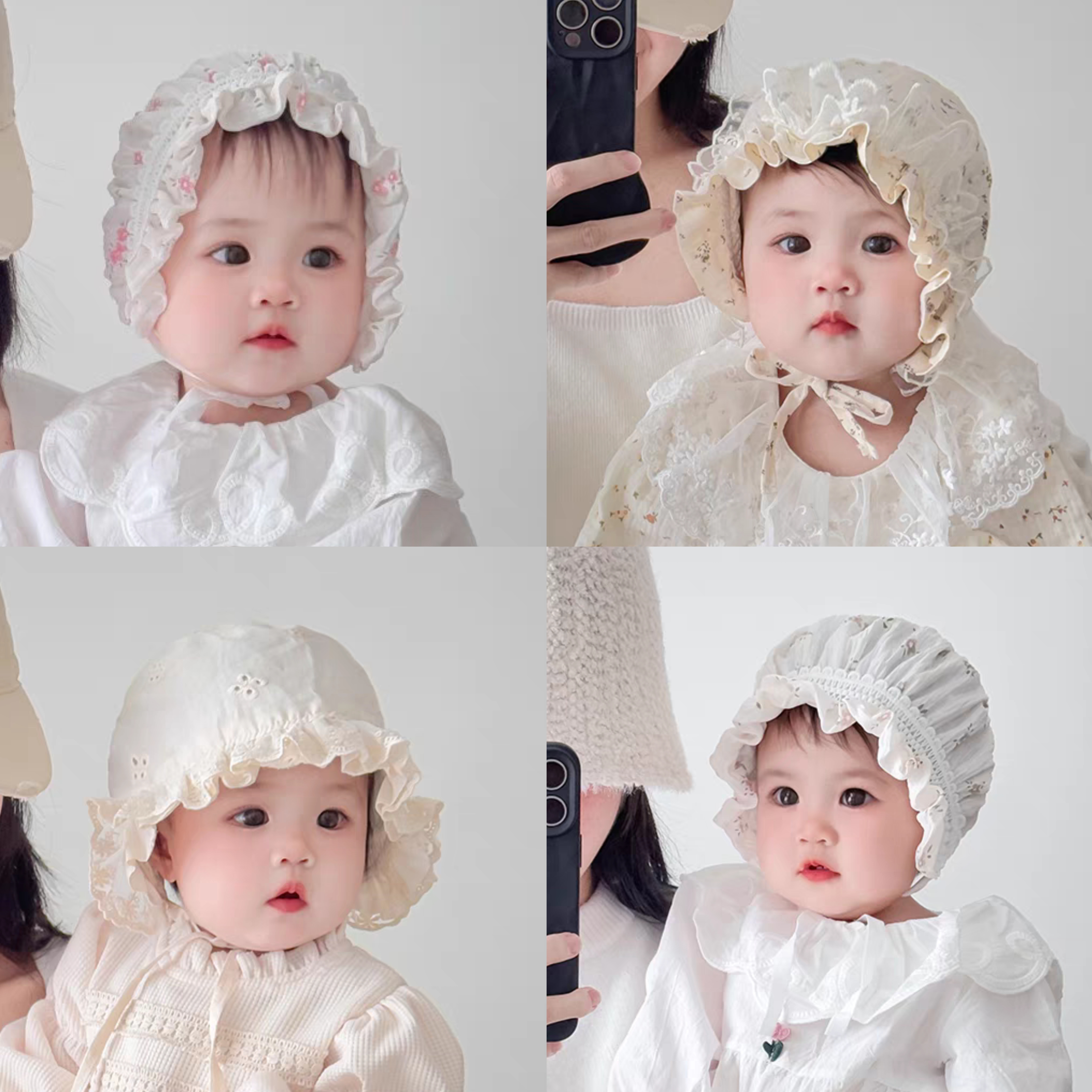 婴儿帽子春秋季透气女宝宝蕾丝公主宫廷帽防晒小月龄女童胎帽遮阳