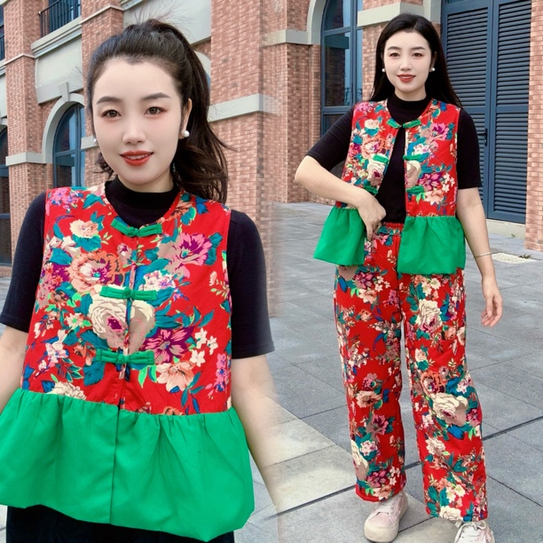 东北大花拼接加绒新中式马夹打鼓演出年会表演广场舞民族风套装