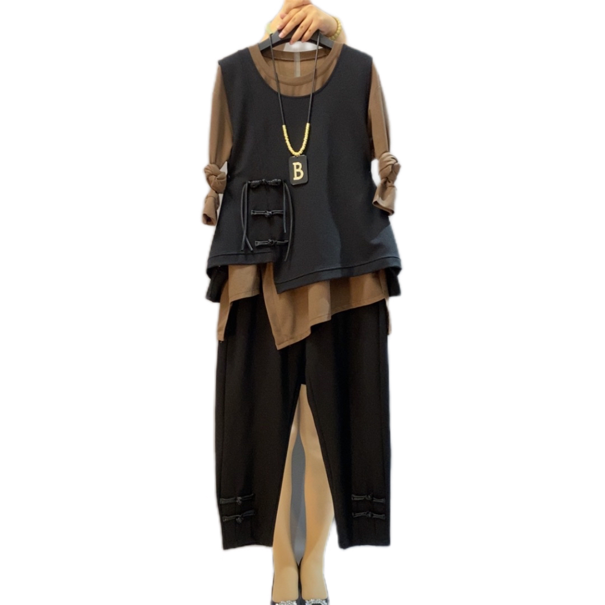 秋季新款大码盘扣国风休闲时尚气质套头马甲裤子盘扣胖妹妹套装女