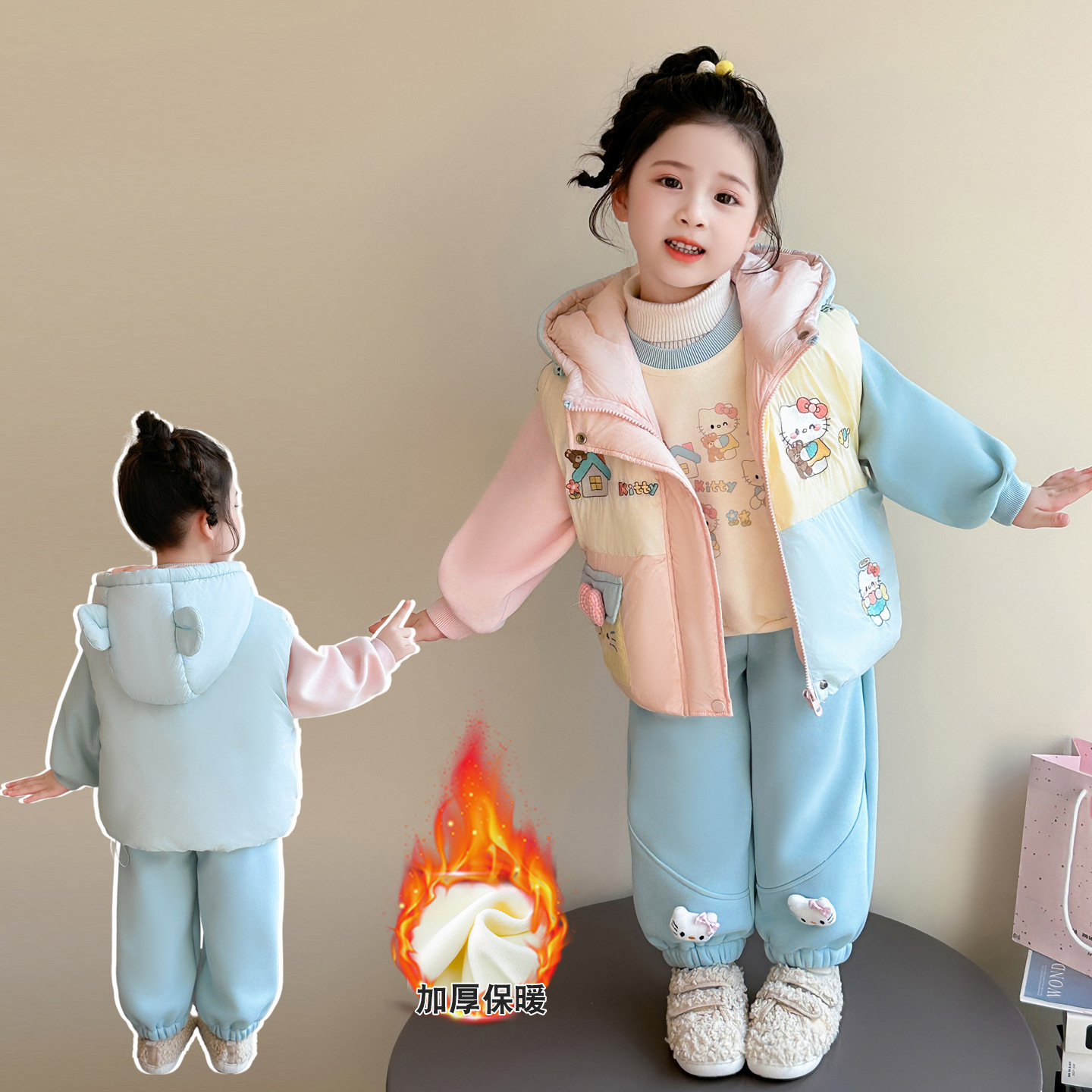 女童加绒加厚套装秋冬2025新款洋气儿童冬装女宝宝卡通马甲三件套