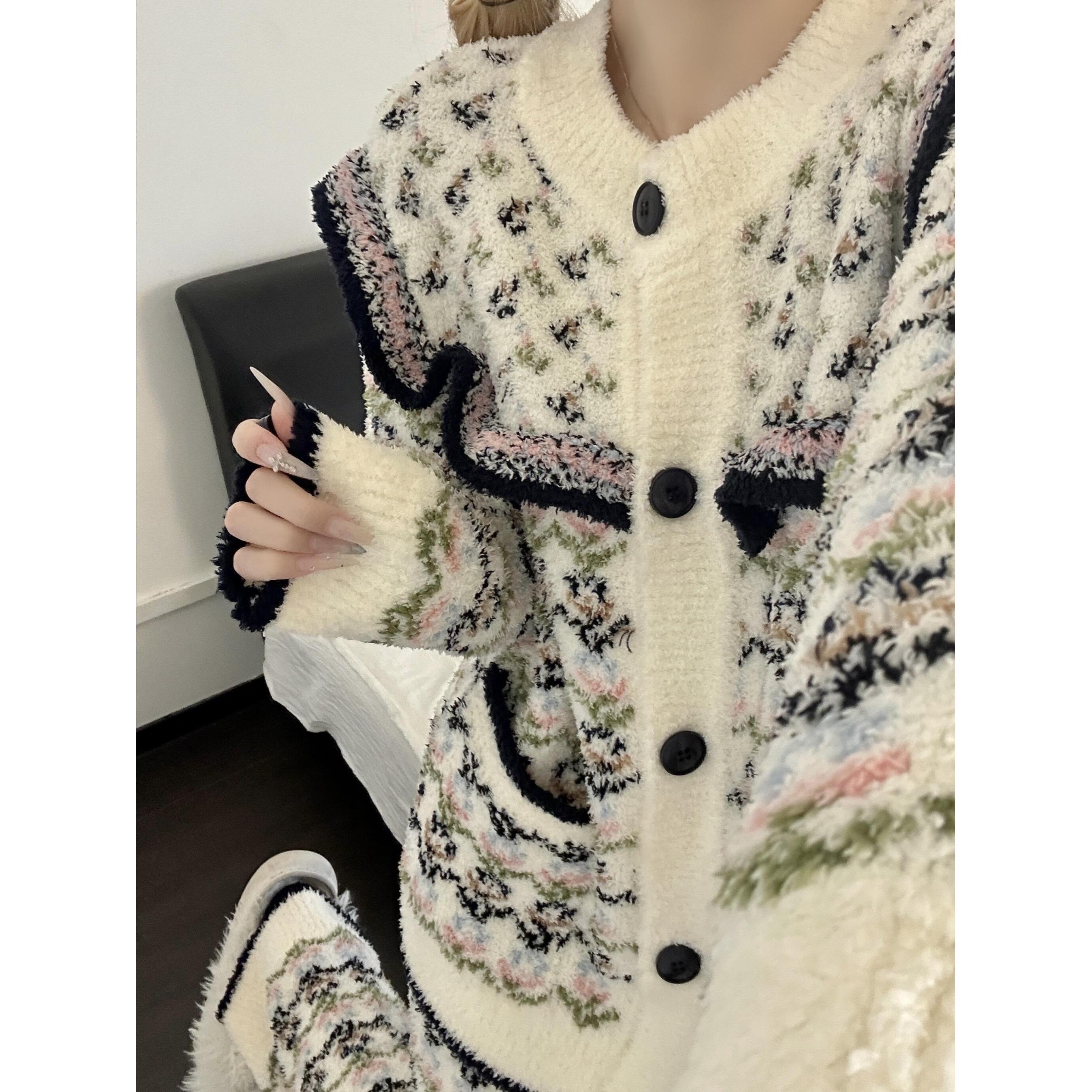 复古提花针织半边绒版秋冬季加厚睡衣女韩开衫外套亲肤家居服套装