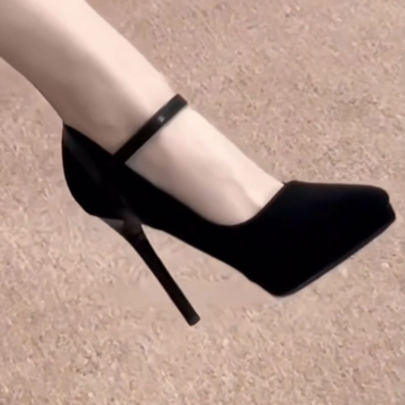 防水台绒面细跟单鞋女气质25新款百搭黑色通勤简约尖头一字高跟鞋