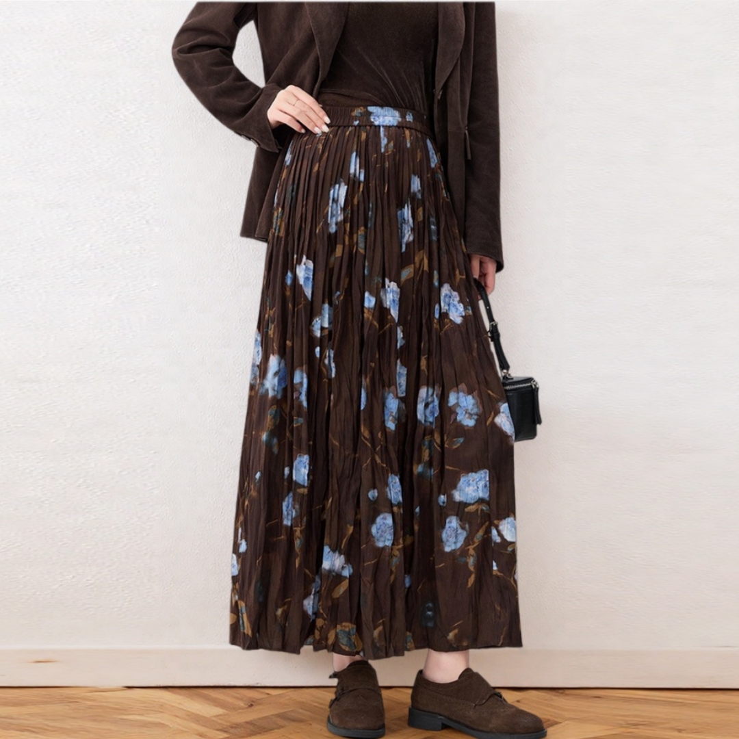 厚款复古山茶花半身裙女2025秋冬新款百褶裙中长款A字裙休闲慵懒