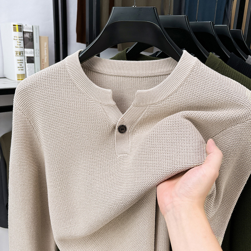 2025新款亨利领V领针织秋季轻熟风针织T恤潮流休闲商务打底长袖