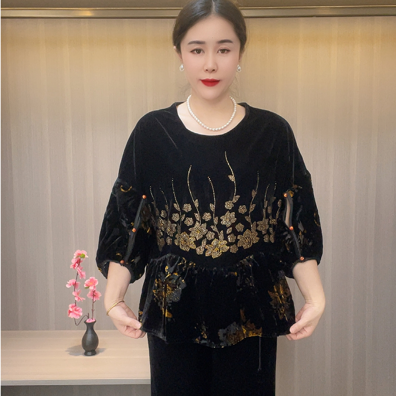 2025新款秋季圆领薄款七分袖百搭时尚打底黑色中老年女装妈妈装