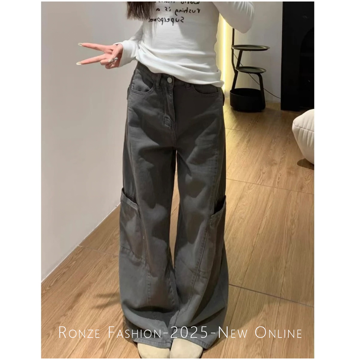 初秋美式复古高街阔腿牛仔工装裤显瘦垂感高腰牛仔裤弯刀裤