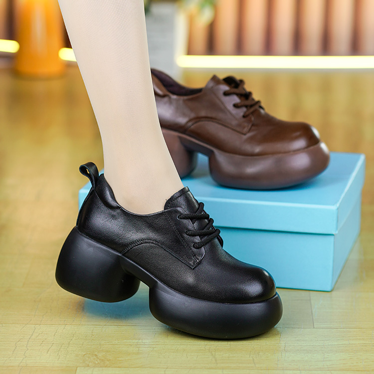 9898真皮英伦风皮鞋头层牛皮圆头厚底系带小个子增高百搭单鞋