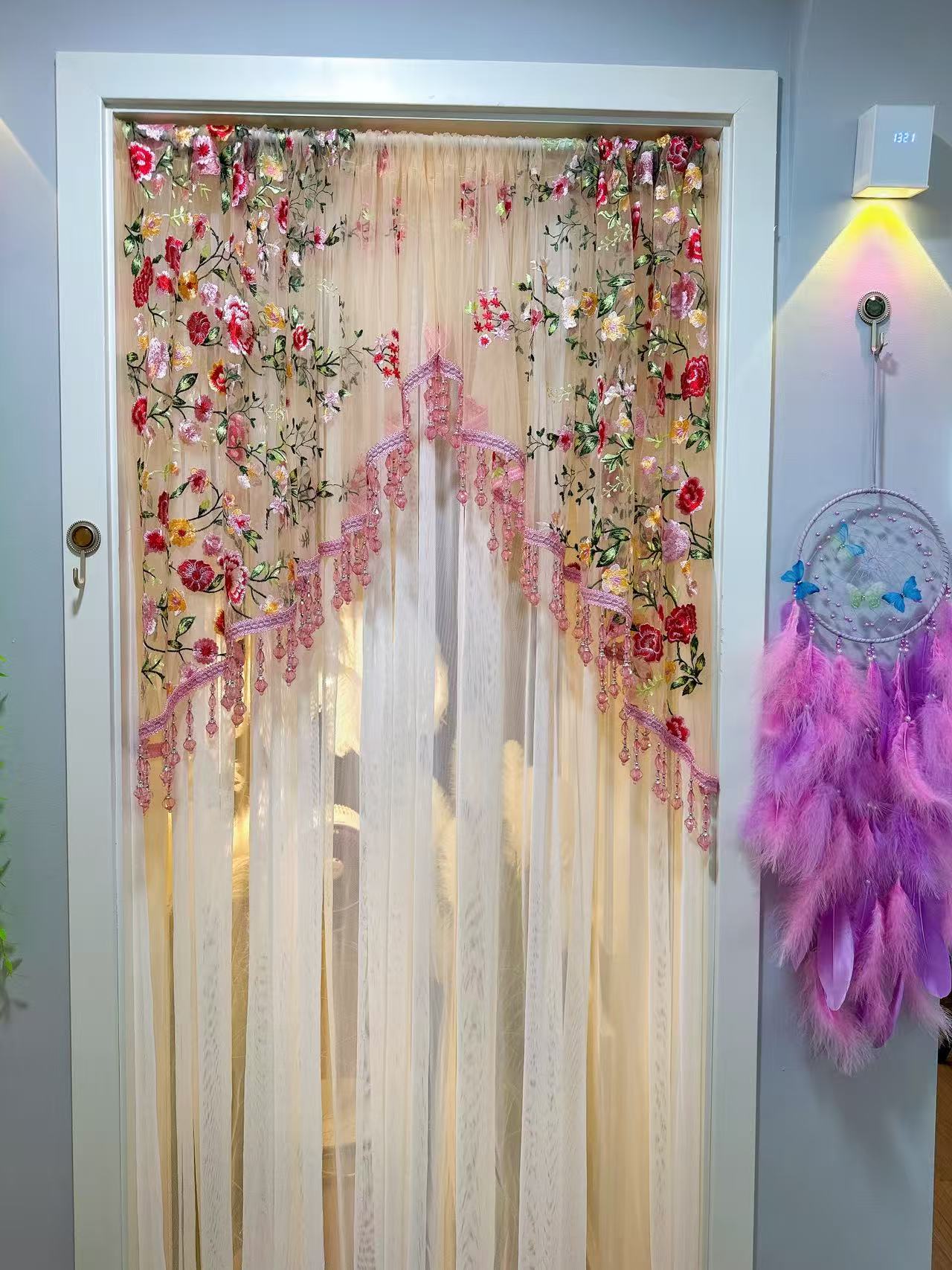 高定粉色花卉满花长款免打孔断拱形门门帘纱帘蕾丝卧室厨房隔断