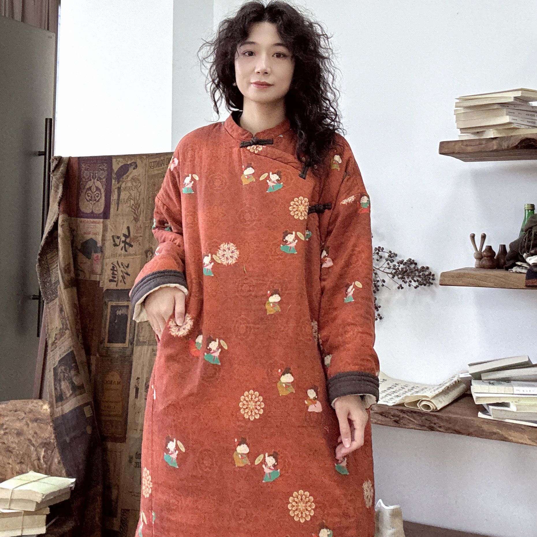 冬季印花中长款立领棉衣棉服女士秋冬新中式国风加厚长款9252-1