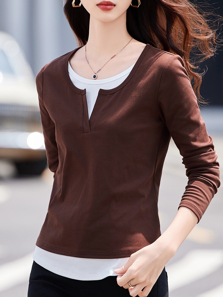 撞色假两件长袖T恤女宽松2025春秋咖啡打底衫外穿休闲运动上衣