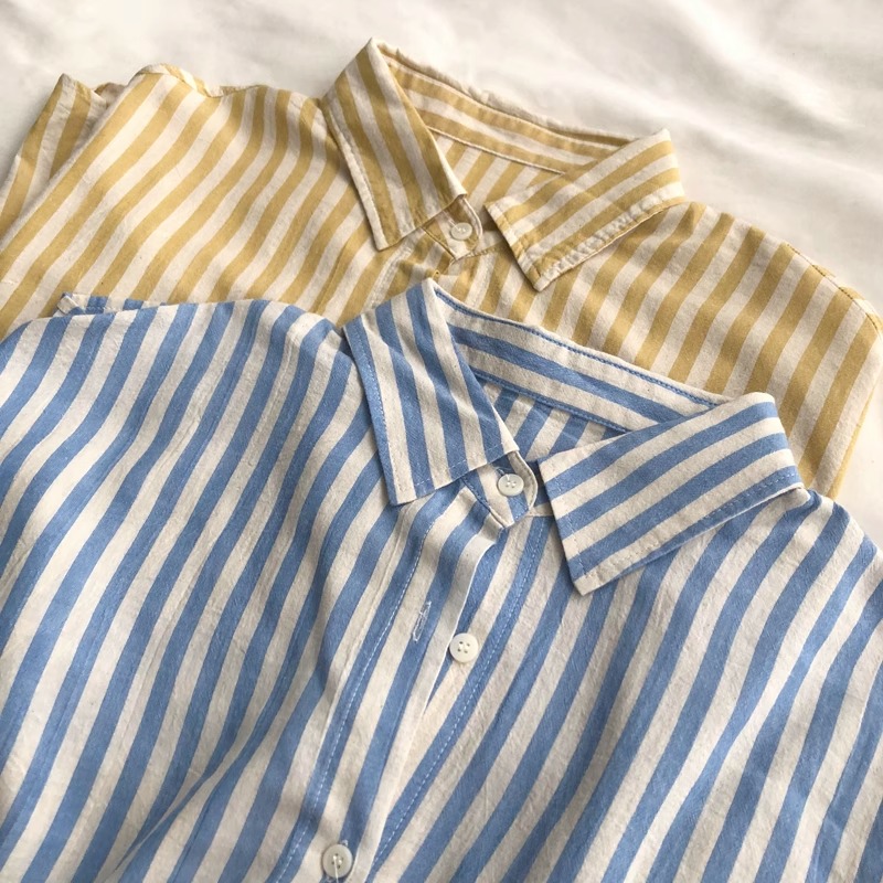 慵懒文艺秋季纯棉竖条纹防晒长袖薄衬衫女翻领宽松百搭开衫外套