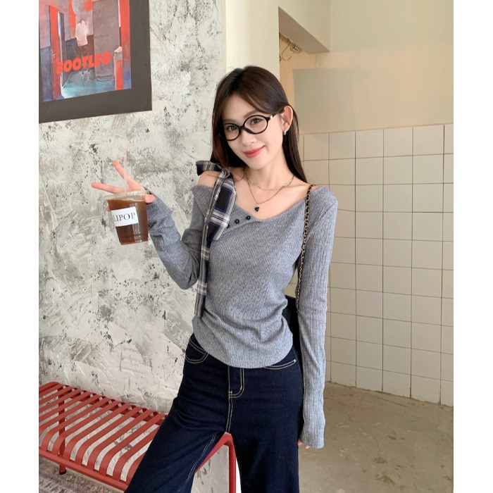 灰色一字肩针织打底衫女早秋chic甜辣露肩蝴蝶结短款独特别致上衣