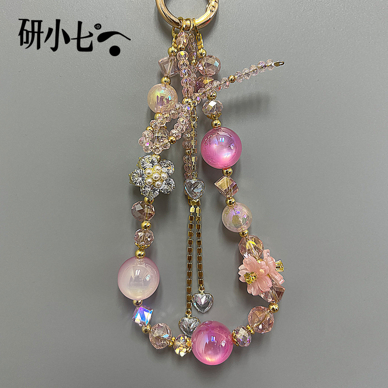 研小七粉色水晶串珠新款蝴蝶结挂绳diy挂件手机链条女款防丢C124