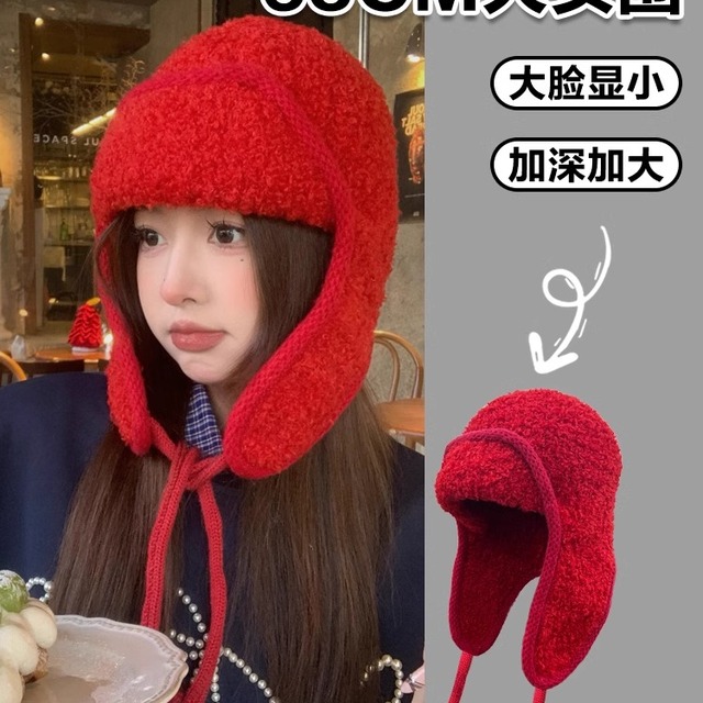 大头围毛绒飞行帽防风护耳雷锋帽红色保暖防寒大号大码针织毛线帽