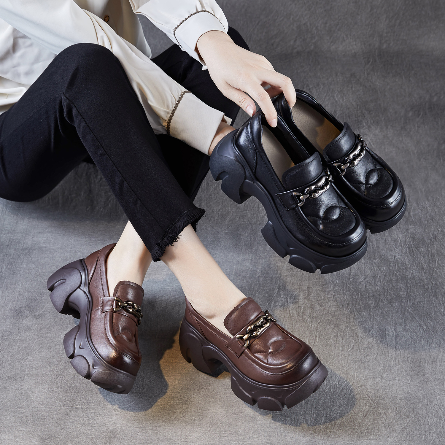 【增高7CM】英伦厚底乐福鞋女秋季新款小个子单鞋真皮松糕圆头小皮