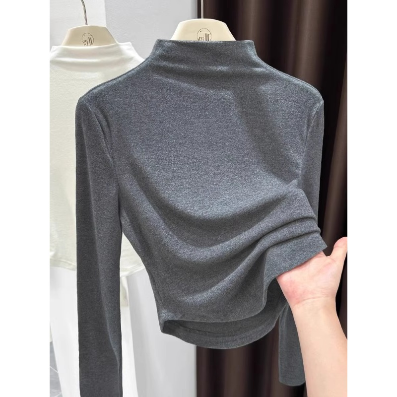 芯娇晴灰色加绒针织半高领打底衫秋冬季短款长袖T恤内搭修身上衣