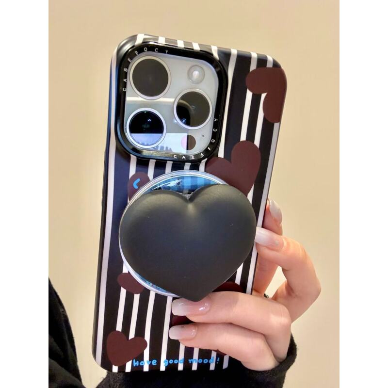 韩系黑白条纹棕色爱心菲林磁吸适用iphone16promax苹果15手机壳14