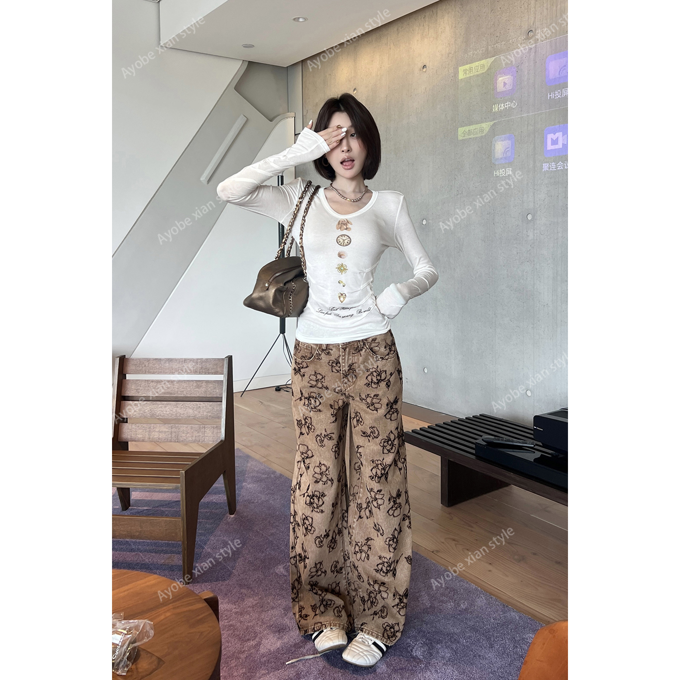 【AYOBE】  中古ins风氛围感小众印花潮流时尚百搭显瘦直筒裤