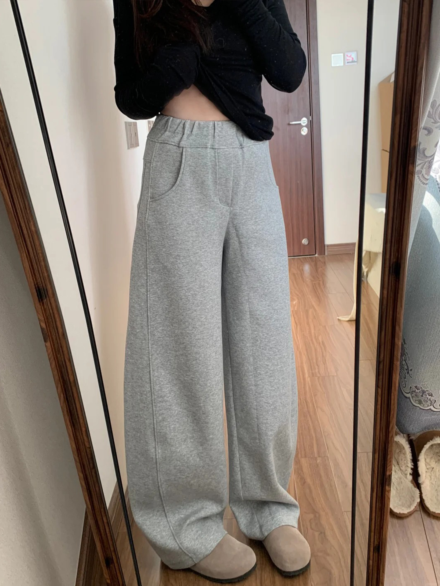 灰色运动卫裤女秋季新款大码胖mm显瘦梨形身材弯刀香蕉镰刀休闲裤