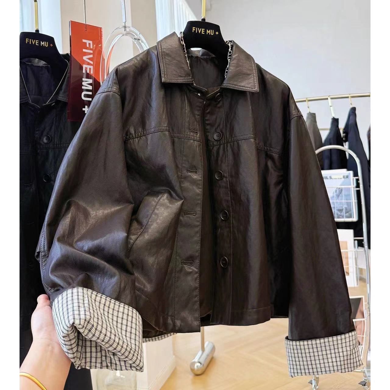 8055韩系休闲翻领小皮衣秋季独特超好看PU皮夹克短款外套