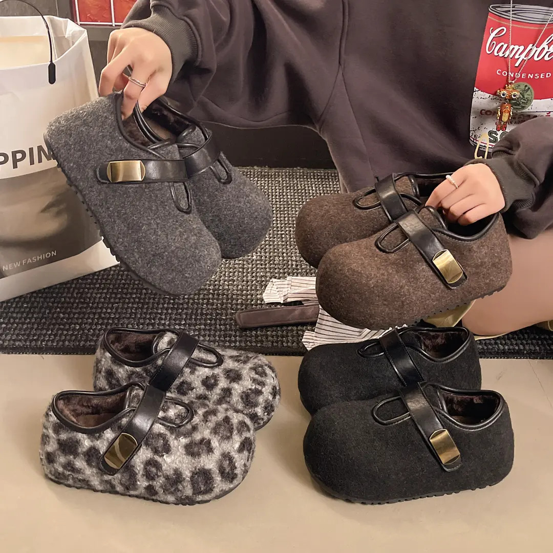 超火厚底加绒毛呢勃肯鞋女款冬季爆款加绒保暖棉鞋外穿内增高女鞋