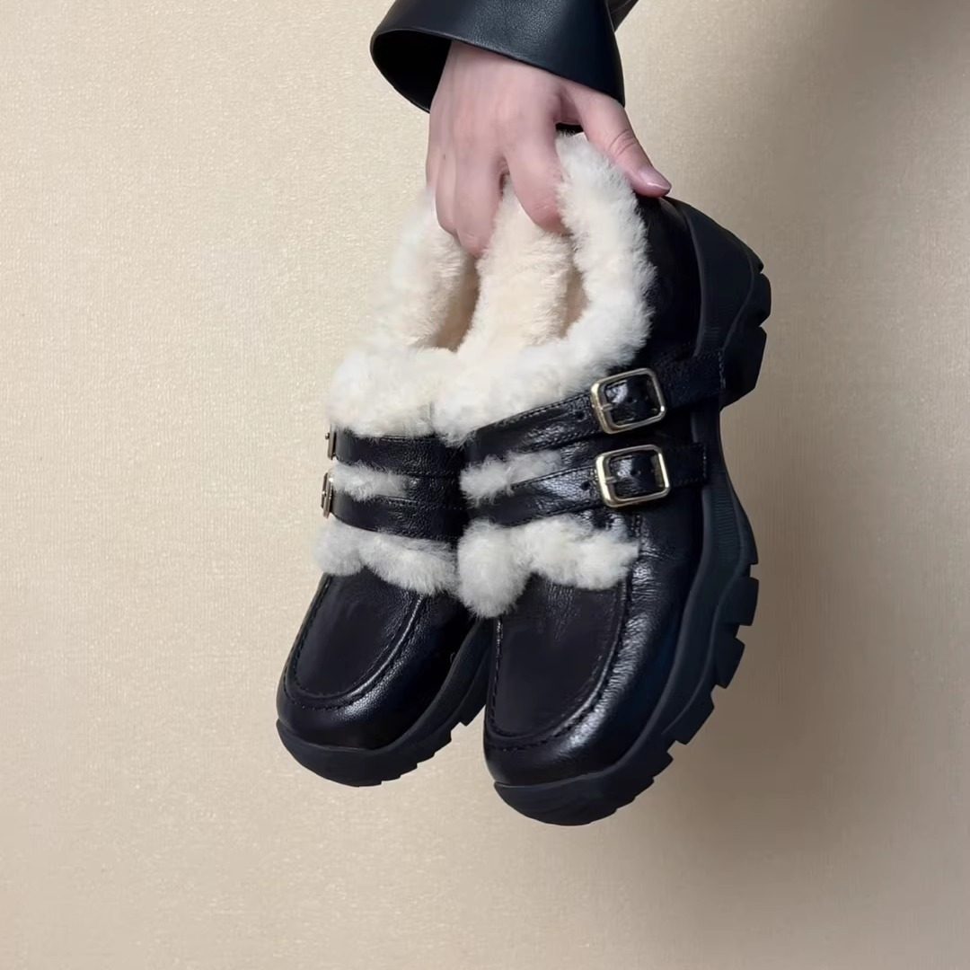 Elingjk/5cm冬季保暖羊毛增高厚底鞋复古圆头皮带扣拼色加绒乐福