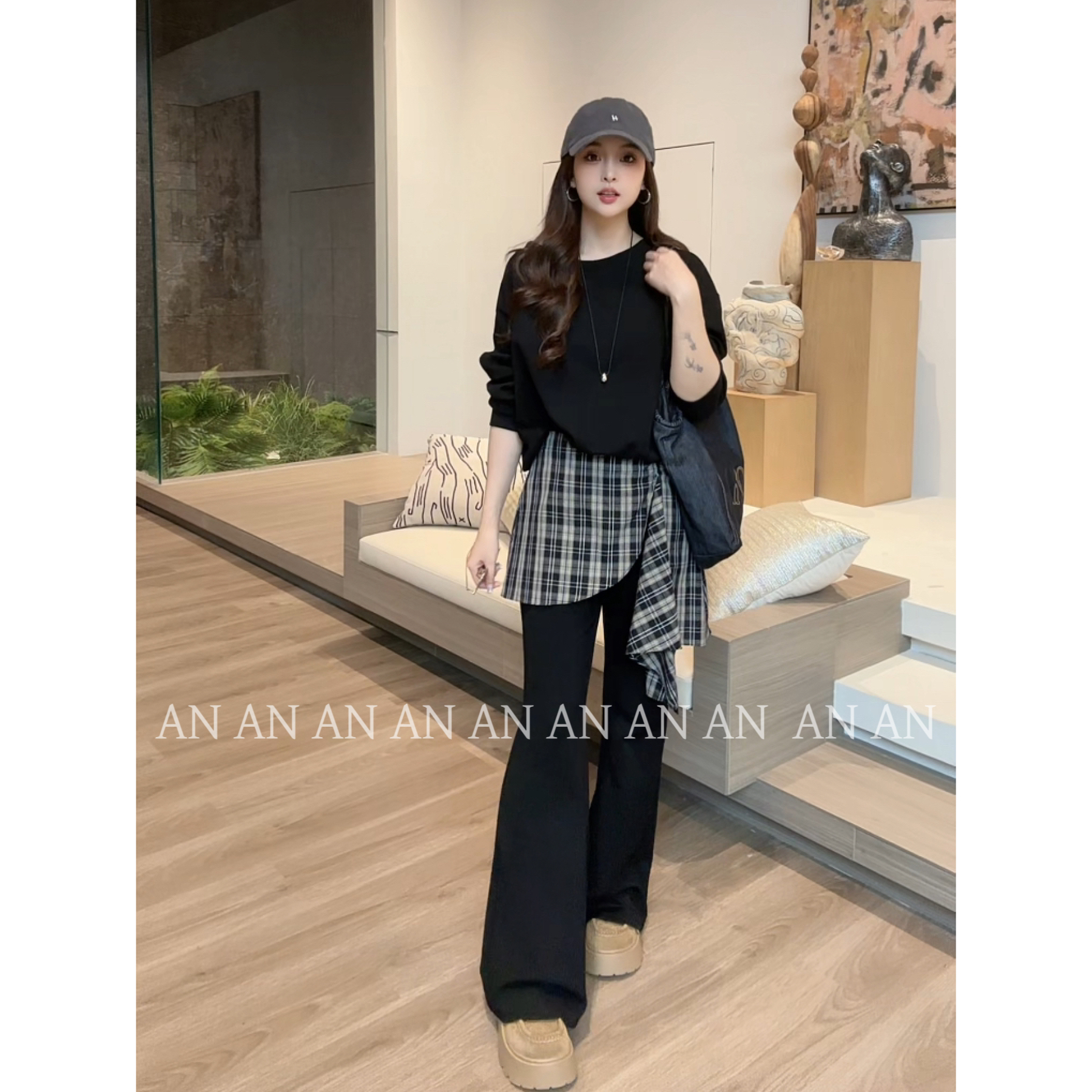 C08190秋季洋气套头宽松斜肩卫衣+拼接格子微喇裤时尚套装