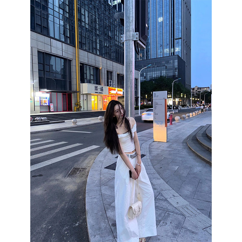 韩系纯欲风穿搭一整套小众设计感休闲一字肩上衣高腰宽松阔腿裤女