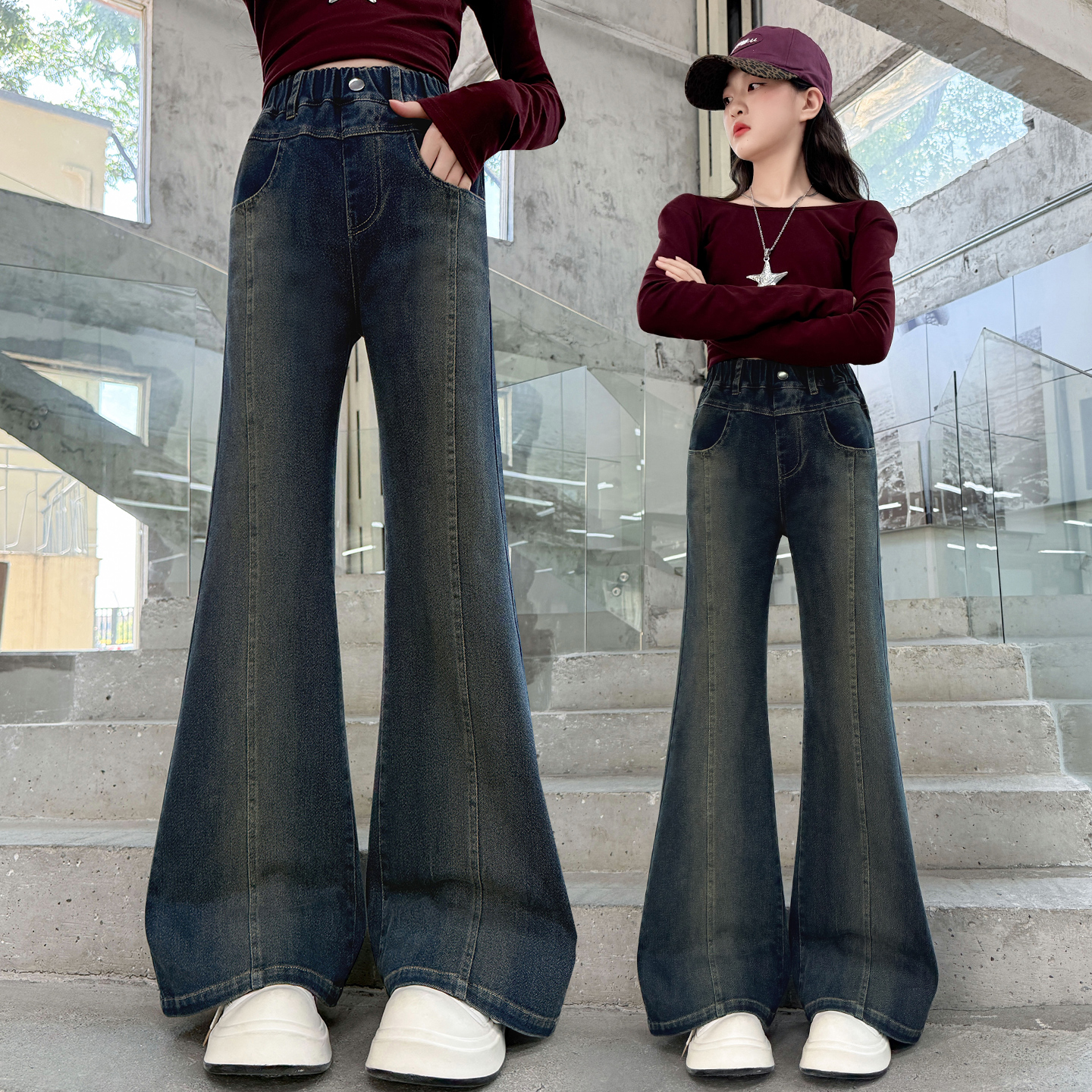 春秋款女童牛仔喇叭裤2025新款儿童冬季微喇裤洋气女童加绒裤子