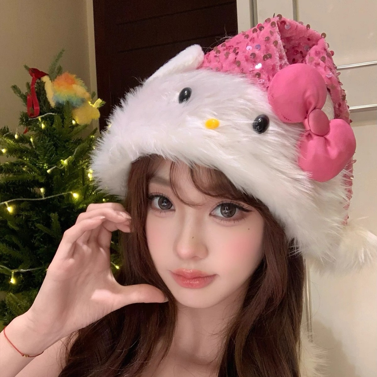 7柒粉色亮片kt猫蝴蝶结圣诞帽女节日高级氛围感拍照装扮道具冬季