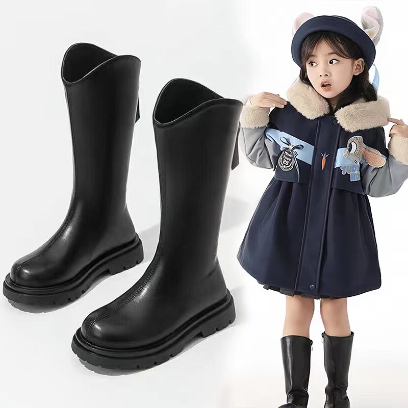 长筒靴女童新款小个子小孩高筒靴英伦风骑士靴秋冬加绒显瘦百搭靴