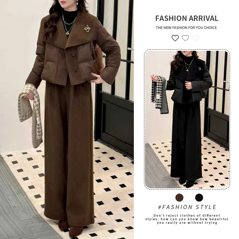 2025冬季新款设计高级感针织拼接棉服外套女休闲直筒裤保暖两件套