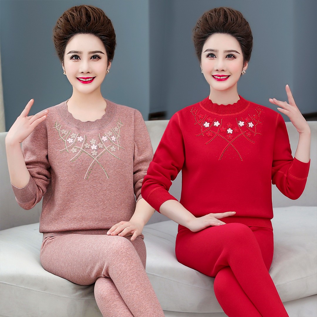 妈妈女加绒保暖内衣套装中老年人彩棉刺绣中领大码红色打底棉毛衫