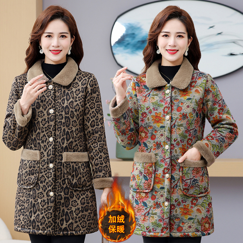 冬季中老年女装加绒加厚棉衣外套洋气时尚妈妈装中长翻领保暖棉服