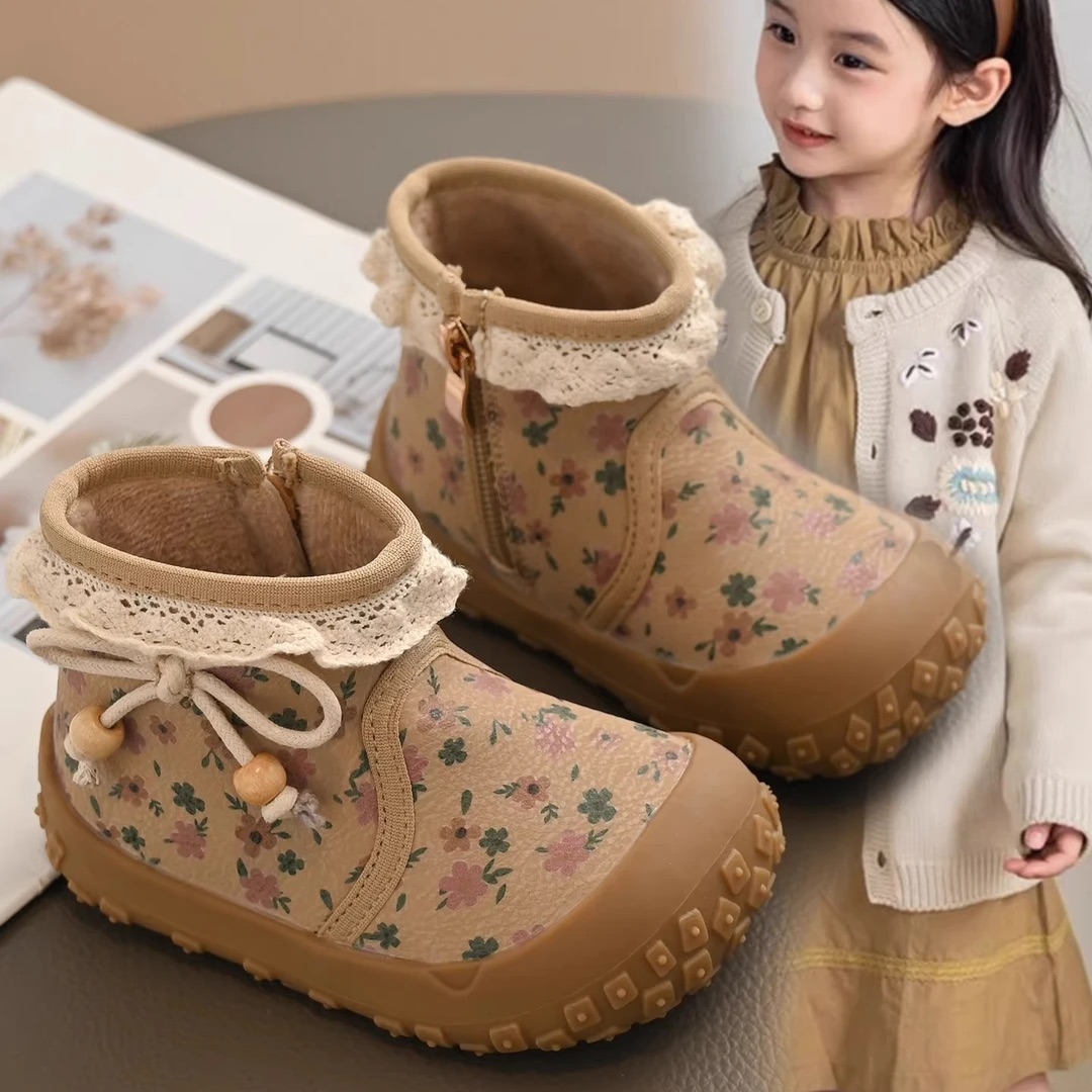 ABC女童靴子2025冬季新款儿童加绒小碎花棉鞋保暖小女孩防滑短靴