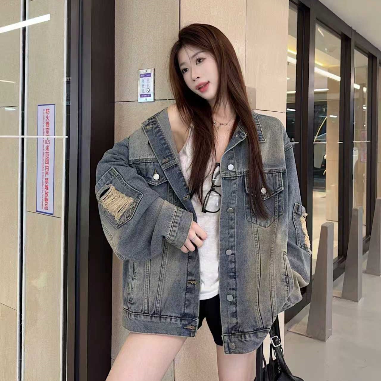 复古破洞做旧牛仔外套秋季男女同款显瘦百搭上衣外套2215