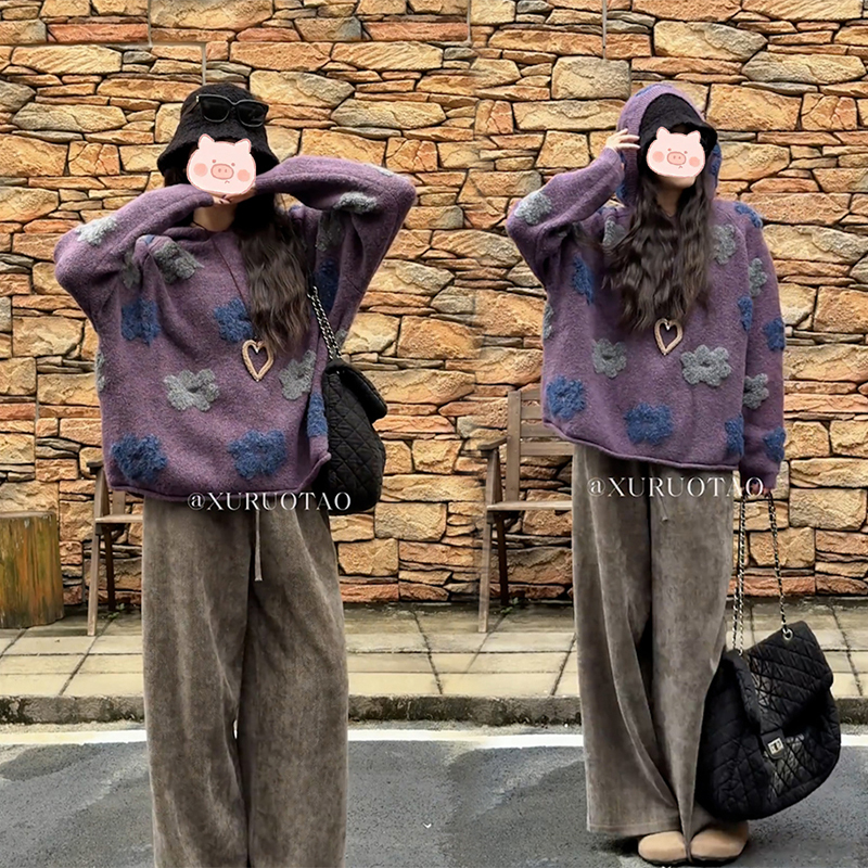高级感洋气连帽毛衣女秋冬爆款韩版宽松显瘦上衣阔腿休闲裤两件套