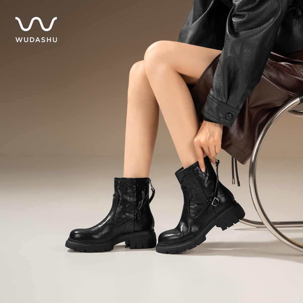 吴大叔2025新款复古港风时装靴百搭时尚圆头冬季中筒秋季厚款Z397