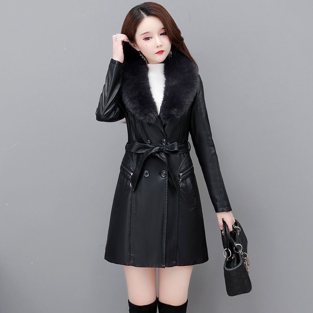 2025秋冬季新款西装毛领pu皮衣中长版加绒加厚水洗皮夹克休闲 外