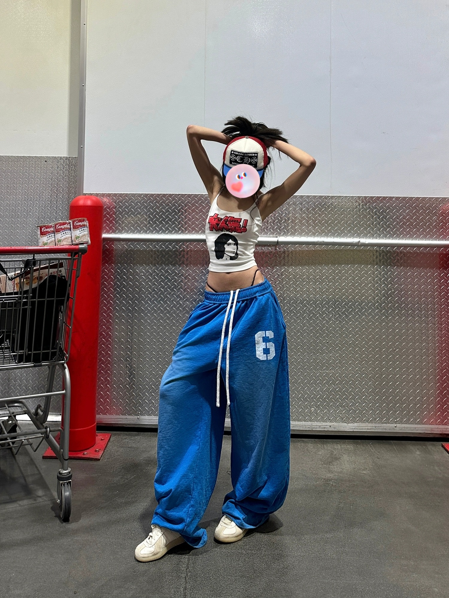 美式复古渐变蓝色阔腿弯刀裤女夏季小个子宽松垂感休闲运动卫裤