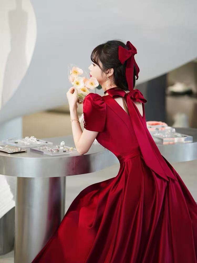在逃公主敬酒服仙娘小个子回门结婚订婚连衣裙红色礼服夏季裙子