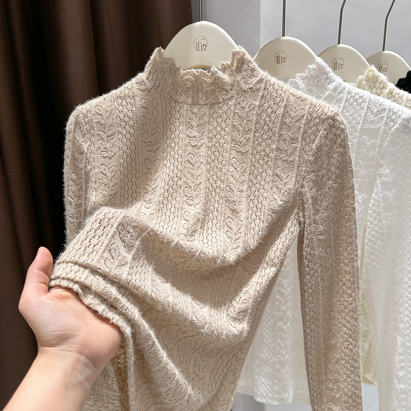 2025新款磨毛蕾丝打底衫女春秋季洋气内搭半高领镂空网纱长袖上衣