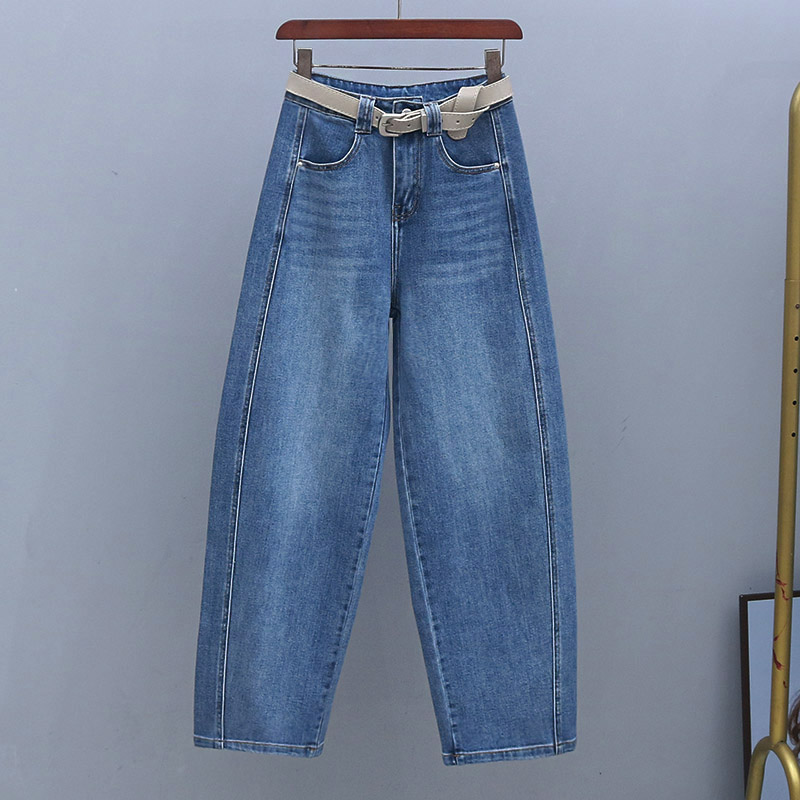 2025年春夏高腰显瘦宽松牛仔裤时尚拼接百搭阔腿弯刀裤女士香蕉裤