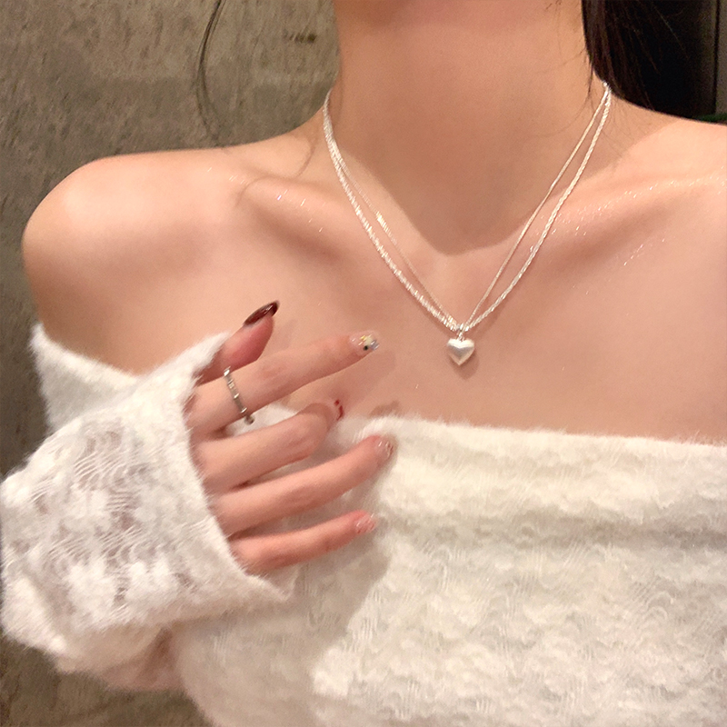 合金项链 双层拉丝爱心吊坠项链女小众颈链精致百搭锁骨链海边风