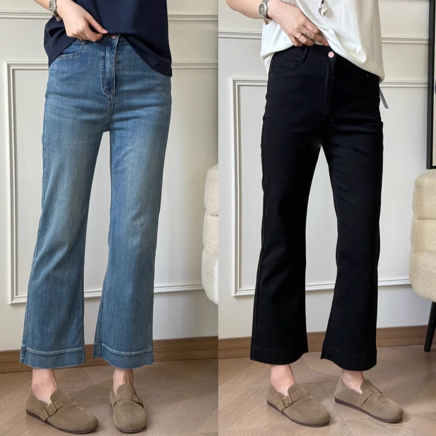 2025新款黑色直筒牛仔裤女大码胖妹妹梨形身材高腰显瘦弹力微喇裤