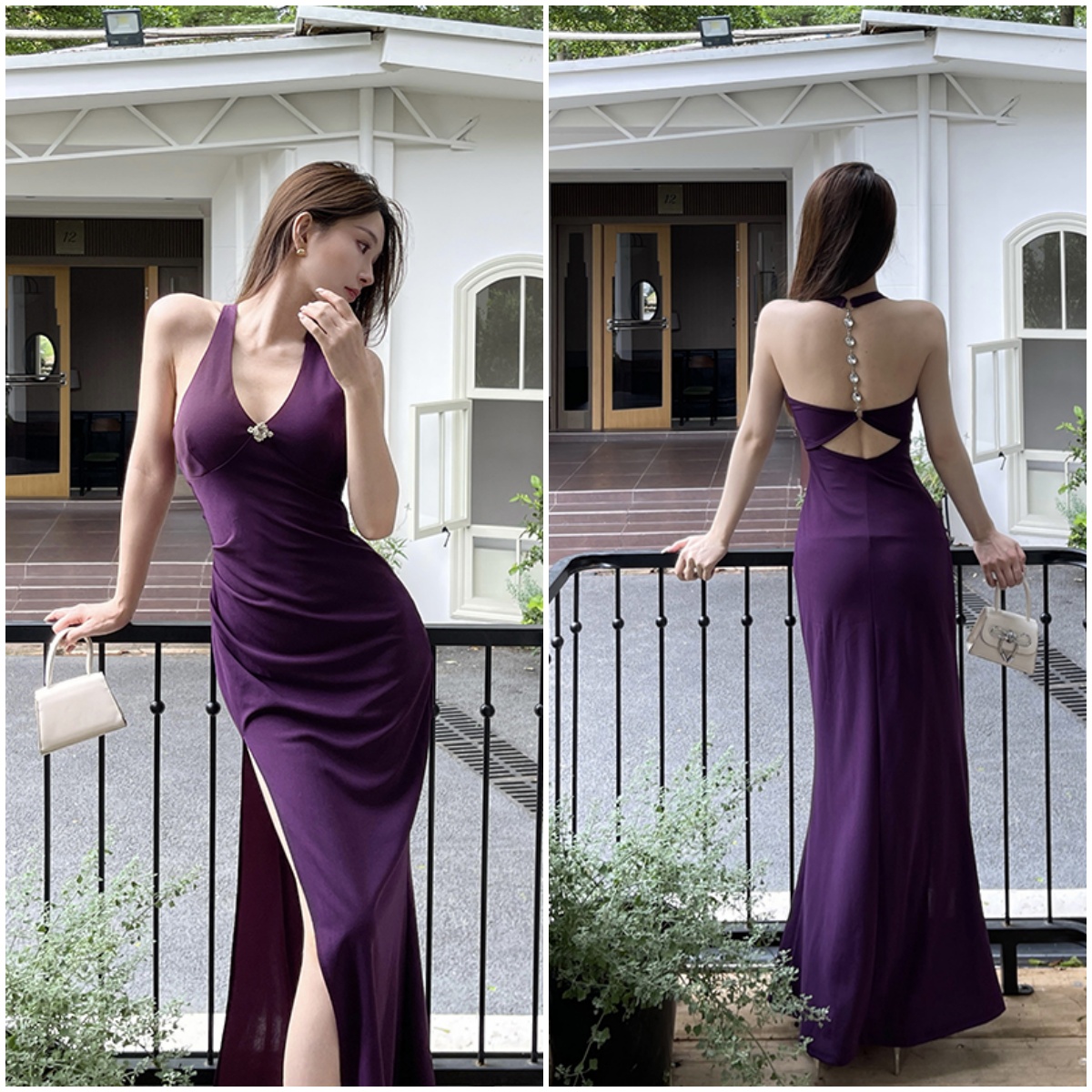 KaDaiShan【退运补贴】紫色钻链条挂脖连衣裙镂空露背纯欲开叉长裙