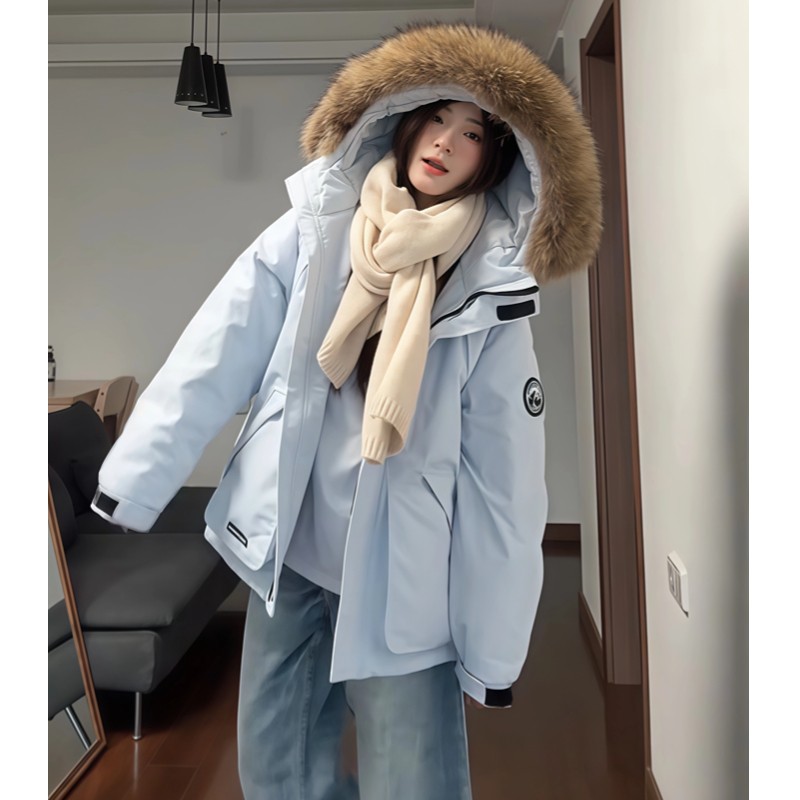 蓝色毛领连帽棉服外套女2025冬季新款小个子工装派克服加厚面包服