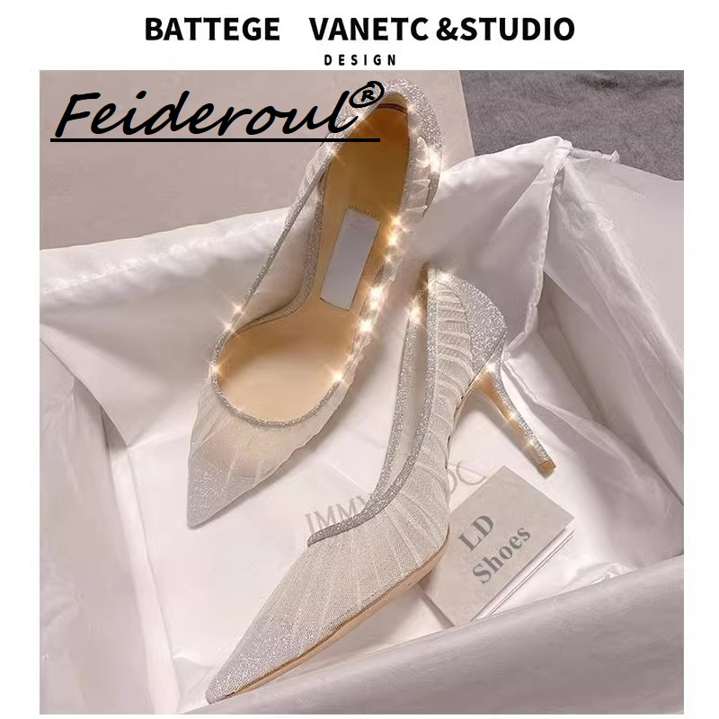 Feideroul网纱水钻2025新款仙女风尖头单鞋细跟水晶鞋婚鞋伴娘鞋