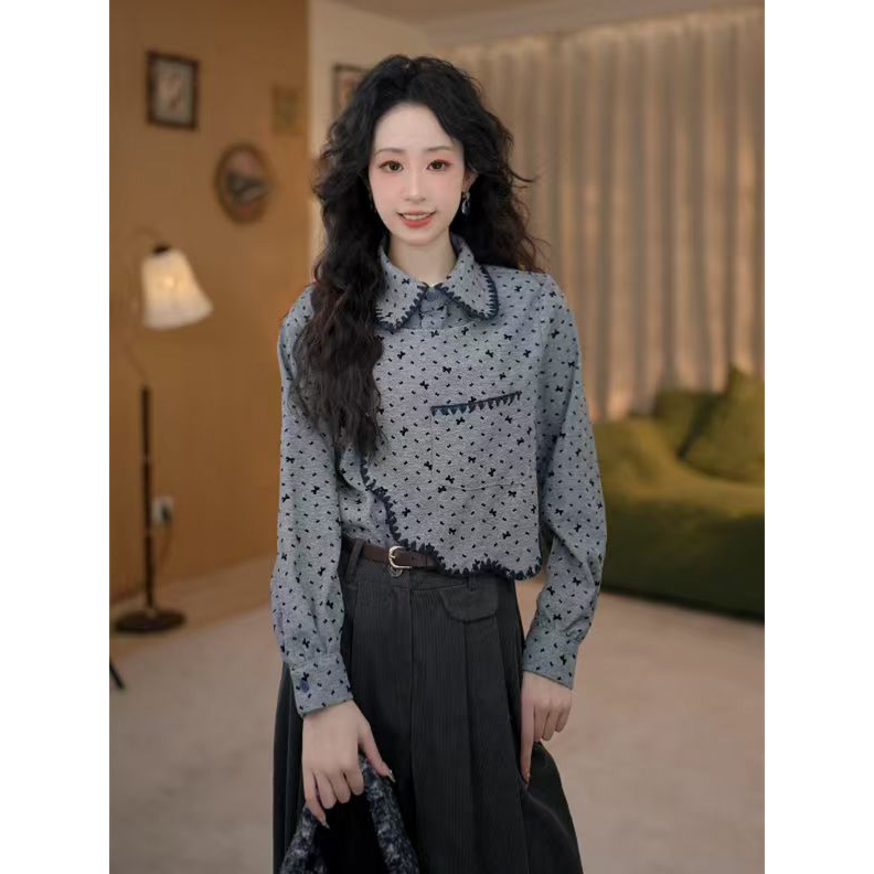 知栀【青金点墨】复古港风设计感长袖百搭宽松上衣衬衫ZH5749313