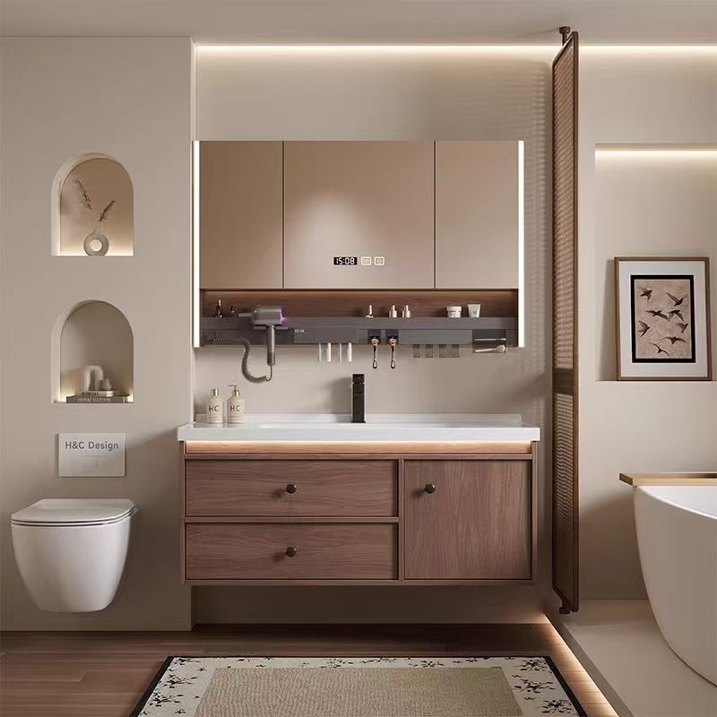 适配新款古风胡桃木实木陶瓷一体浴室柜中式组合卫生间洗脸盆